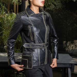 Veste en cuir personnalisée tendance pour femme, col rabattu, design uni, doublure coton/polyester, manches longues, automne-hiver, fermeture devant - Product Image 2