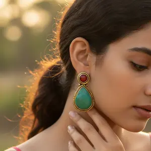 Pendientes de Lágrima con Baño de Oro para Mujer, con Turquesa y Piedras Preciosas Rojas, Joyería de Moda - Product Image 1