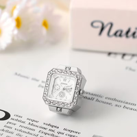 Montre Bague Unisexe en Acier Inoxydable avec Bracelet Élastique, Boîtier Carré à Quartz et Strass, Tendance, Cadeau de Mariage, Fête