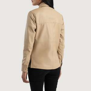 Zenith <b>Lightweight</b> Beige Leather Bomber <b>Jacket</b> for Ladies Satin Fabric Linen Lining for Autumn Spring Season Customizable Logo - Product Image 5