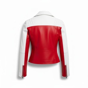 Veste en cuir de motard courte à clous rouge, noir et blanc pour femmes, style punk, fermeture éclair, veste de moto courte - Product Image 2