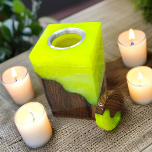 Urna de cremación de resina amarilla neón y madera hecha a mano, recuerdo conmemorativo moderno, urnas de cremación para mascotas y humanos - Product Image 1