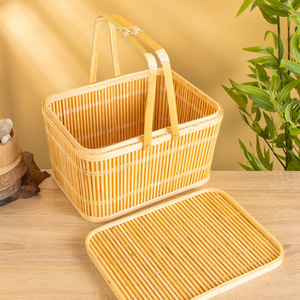Panier de pique-nique rectangulaire en bambou fait à la main avec couvercle et doubles poignées / Boîte de rangement en bambou tissé traditionnelle pour offrir en cadeau - Product Image 2