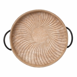 Bandeja Redonda de Madera con Patrón de Remolino y Asas, Plato Decorativo Artesanal, Sintonimos: Bandeja, Plato - Product Image 1