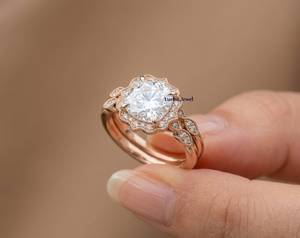 Lurba Jewels Gold Plated Moissanite Halo Engagement <b>Ring</b> Cushion Cut Bridal Wedding Band Vintage Style Resizable Rhodium Plated - Product Image 1