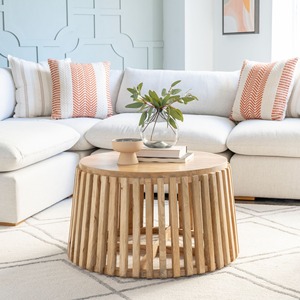 Table basse ronde moderne en bois de manguier à lattes, 100% bois massif, élégante, pour salon, entrée/hall, taille personnalisée disponible - Product Image 2