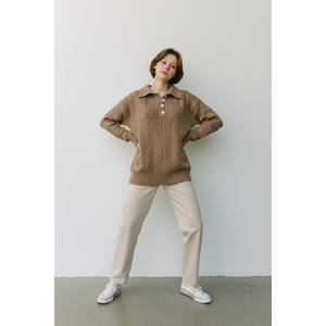 Suéter Beige Elegante para Uso Diario con Detalle de Perlas, Patrón de Punto, Cuello Redondo, Corte Holgado y Relajado, Hecho de Tela de Camiseta - Product Image 3