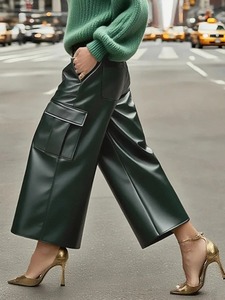 Pantalones Anchos de Mujer de Piel Sintética de Alta Gama Estilo Europeo Americano, Casuales, Elegantes, para Vacaciones, en Color Sólido, Material PU - Product Image 5