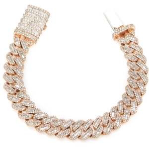 Pulsera Cubana de Oro Rosa, Pulsera con Diamantes de Imitación para Hombre, Pulsera de Oro Rosa con Diamantes Baguette, Pulsera Hip Hop - Product Image 1