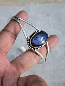 Handmade 925 <b>Sterling</b> <b>Silver</b> Adjustable <b>Cuff</b> Bangle Natural Labradorite Gemstone Boho Style Bangles for Women - Product Image 3
