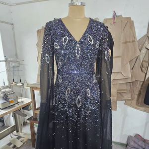 Robe de bal de soirée de luxe manches longues de haute qualité broderie de paillettes perlées motif floral forme de corps longue antistatique - Product Image 1