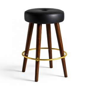 Genuine Leather Bar <b>Stool</b> Solid Wood Frame Industrial Vintage Design Brass Footrest Hotel Cafe Restaurant <b>Dining</b> Villa Seating - Product Image 2