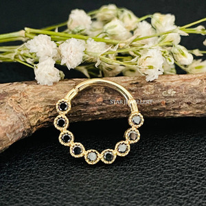 14K Solid <b>Gold</b> Bezel Set Miligrain Natural Black Diamond Daith Piercing Fine Jewelry. - Product Image 5