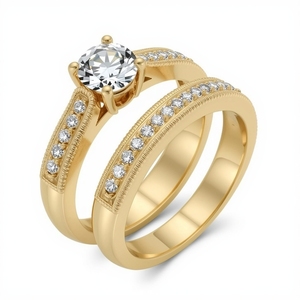 Ensemble de bague de fiançailles en or véritable 14 carats plaqué rhodium avec micro pavé de diamants, alliance pour fiançailles et soirée - Product Image 1