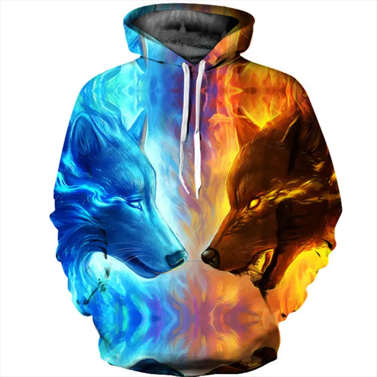 Hot Selling Wild Hot Ice Double Wolf Head 3D Sublimation printing Fashion Hoodie