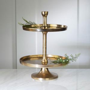 Elegante soporte de pastel de metal con acabado dorado con diseño texturizado de pedestal de dos niveles para bodas y fiestas - Product Image 4
