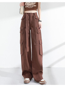 Streetwear taille haute braguette zippée deux tons patchwork bords bruts fonctionnel cargo poches jambes larges baggy jeans pour femmes - Product Image 4