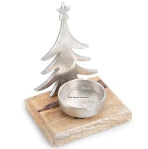 Bougeoir à bougie chauffe-plat en aluminium argenté de conception attrayante avec la base en bois pour la décoration de maison et d'événement - Product Image 6