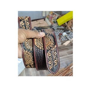 Hot Selling Floral <b>Tooled</b> Black <b>Leather</b> <b>Belts</b> with Beaded Buckles Customized Durable Horse Products Wholesale From Manufacturers - Product Image 1
