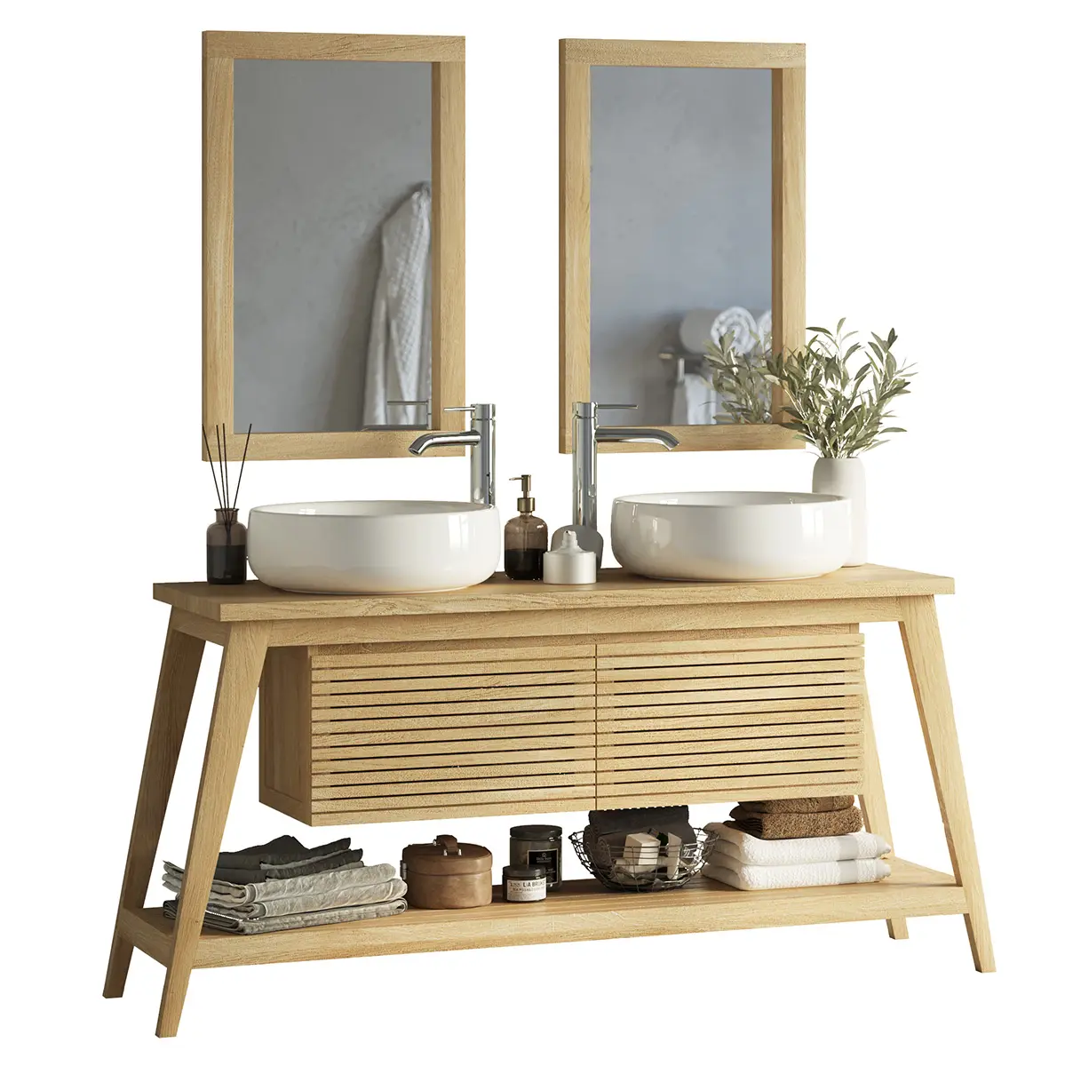 Miglior prodotto in legno massello di quercia artigianale specchio di porcellana composizione scandinava per il bagno