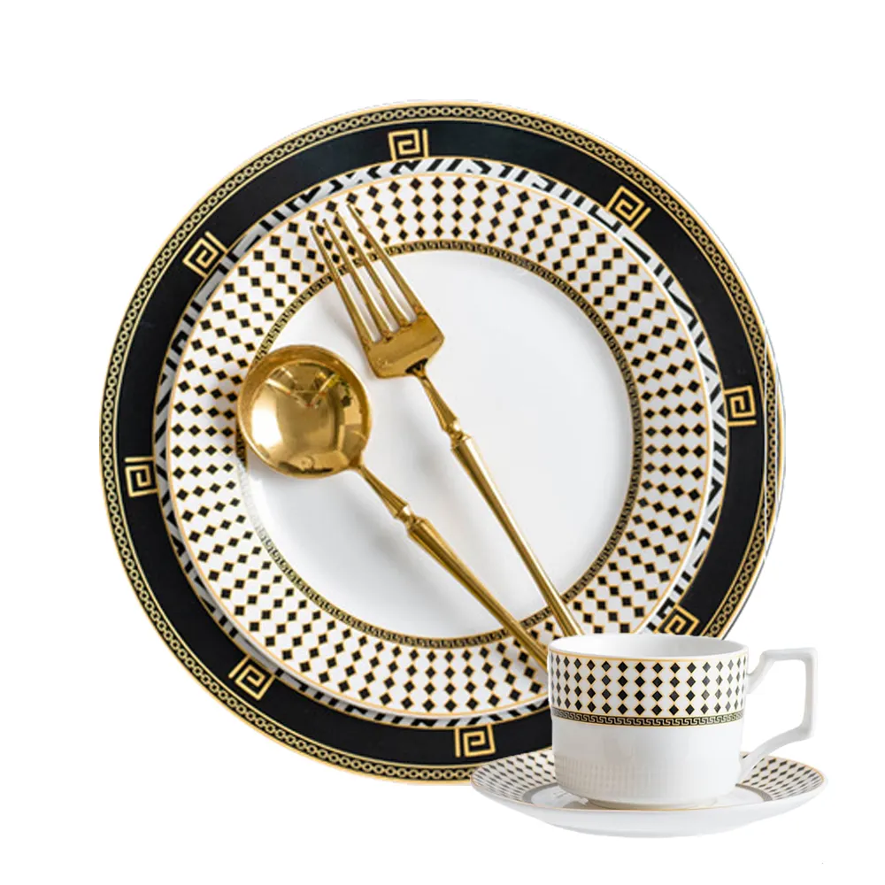 Regalo de Navidad estilo europeo real vajilla de lujo patrón geométrico negro y dorado cerámica porcelana cena fiesta plato y plato