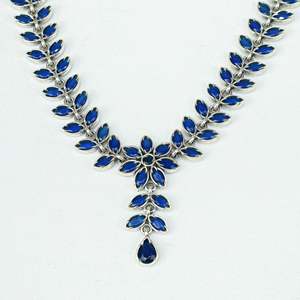 Ayushi Delicate Blue Flower Silver Necklace <b>Set</b> with Earrings for Party Occasions - Product Image 2