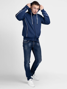 Veste athlétique légère à capuche pour hommes avec capuche et cordon de serrage contrastés et poches latérales de couleur bleue - Product Image 5