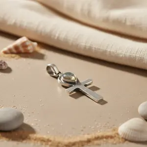 Collar con Colgante Ankh de Plata 925 con Baño de Rodio, Geométrico, en Oro Blanco y Oro Rosa, Joyería Moderna con Piedra Lunar, Circonita y Diamante - Product Image 1