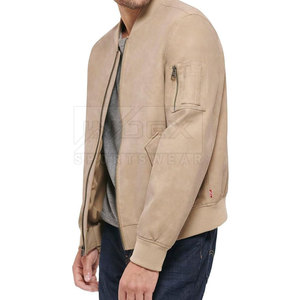 Men's Tan <b>Suede</b> Bomber <b>Jacket</b> Collarless Zipper Closure Casual Autumn Wear Regular Fit Solid Color - Product Image 2
