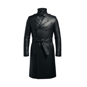 Long manteau en cuir d'hiver tendance pour hommes, coupe-vent, long manteau en cuir de qualité supérieure noire, vente en gros - Product Image 2