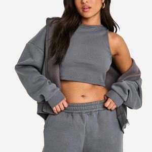 Chándal gris oscuro de 2 piezas para mujer, camiseta sin mangas recortada, Sudadera con capucha y pantalones para correr, ropa de calle informal, traje de salón - Product Image 2