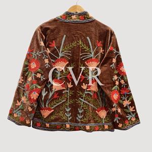 Abrigo de Terciopelo con Bordado Floral a Mano, Cuello Mandarín, Manga Larga, Talla Grande, Ropa de Abrigo Casual para Mujer, Otoño - Product Image 2