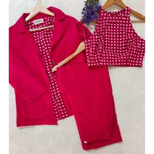 Conjunto de Blazer Rosa Rubí con Top Corto Informal Decorado con Botones, Estilo Veraniego, Conjunto de 3 Piezas - Product Image 3