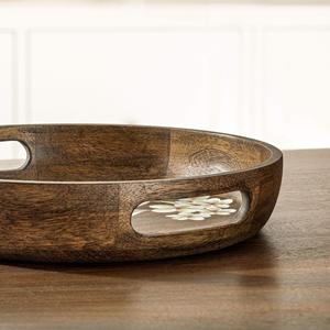 Manufacturer Direct Wholesale-Hand Carved Custom Round <b>Bamboo</b> Tray with Metal Handle for Serving Breakfast or Tea Home Use - Product Image 4