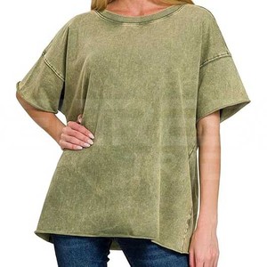 Camisetas de mujer de lavado ácido con cuello redondo de alta calidad Jersey de manga corta de Pakistán-Venta al por mayor - Product Image 1