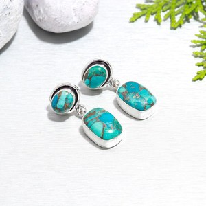 Boucles d'oreilles de style bohème plaqué argent sterling 925 à la mode bleu cuivre turquoise pierre précieuse pierre naturelle lunette anniversaire - Product Image 5