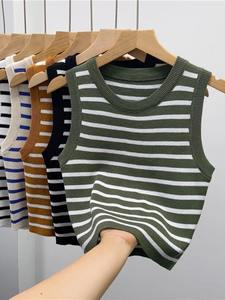 Camisetas sin mangas a rayas de verano y primavera para mujer, camisetas de punto sin mangas, Tops cortos, chalecos informales ajustados elásticos para mujer, Jersey - Product Image 2