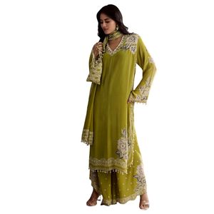 Kurta bordado Moti verde claro con Palazzo impreso, venta al por mayor, Ropa Étnica para mujer, proveedor de fábrica de ropa OEM, traje personalizado - Product Image 4