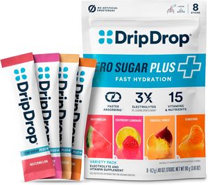 DripDrop Zero Sugar Plus - Mezcla de Bebida en Polvo con Electrolitos - Limonada de Frambuesa, Sandía, Mandarina, Ponche Tropical, 8 Sobres - Product Image 1