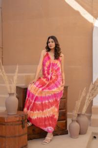 Vestido Midi Tie Dye Rosa Naranja, Atuendo Vibrante para Festival, Vestido Largo Bohemio para Atardecer, Vacaciones en la Playa, 100% Algodón - Product Image 6
