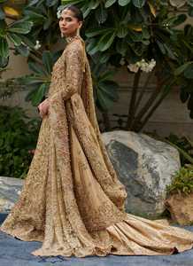 Robe de mariée classique pakistanaise dorée faite à la main, coupe trapèze, longueur ras du sol, avec laçage, taille naturelle, manches longues, col bateau, broderies de perles - Product Image 6