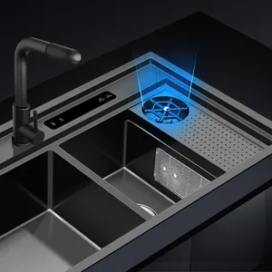 حوض مطبخ مع حنفية شلالية متعددة الوظائف مفتاح بيانو حوض مطبخ نانو أسود حوض مطبخ Sus304