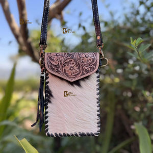 Women' Use Phone <b>Purse</b> Handbag Real Cowhide Fur Hand Tooled Carving <b>Leather</b> Fringe Bag <b>Small</b> Size Bags Pouch Designer Bag - Product Image 1