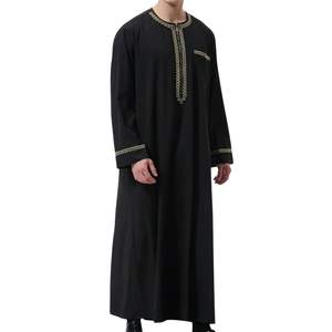 Formal Black <b>Men</b> Muslim <b>Thobe</b> Gold Neckline Embroidery Long Sleeve Islamic Jubba Kandura Dishdasha Traditional Arabic Robe - Product Image 4