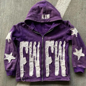 2024 algodón Denim personalizado 100% algodón francés Terry parche desgastado bordado Streetwear Zip Up Sudadera con capucha - Product Image 3