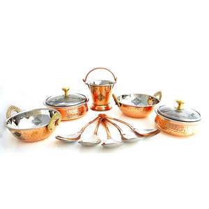 Juego de 12 piezas de metal duradero: Olla Kadhai martillada S/C D/W con tapa de vidrio Handi No.1/2 y Cuchara para servir No.1/2 X5 - Product Image 1