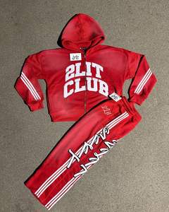 Aplique de 350 GSM bordado con rayas en las mangas y los pantalones Conjunto de pantalones de chándal acampanados y Sudadera con capucha Traje de sudor lavado con ácido - Product Image 1