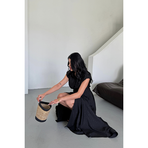 ชุดแต่งงานผ้าลินินลายแจ็คการ์ดสีดำพร้อมผ่าด้านหน้าและกระเป๋า - Product Image 3