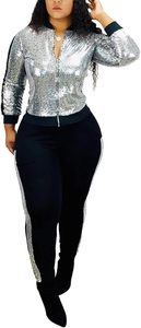 Glitter Sequin Outfits <b>Tracksuit</b> Jacket Tops Log Pants Sparkle Sweatsuit Club Wear <b>tracksuit</b> High waisted for <b>women</b> - Product Image 3