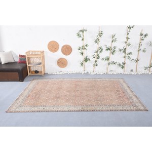 Alfombra turca Vintage clásica Beige 6,2X9,3 pies, diseño de retazos hecho a mano, Material de lana viscosa, respaldo de látex para uso en la sala de estar - Product Image 1
